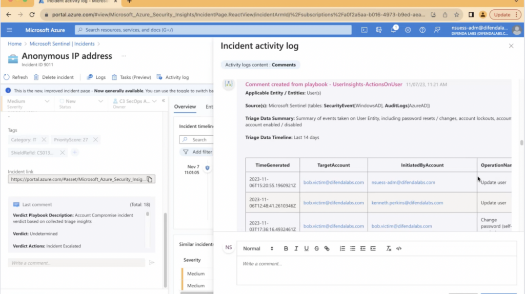 Difenda AIRO triggers additional triage playbooks within Microsoft Sentinel for further enrichment.