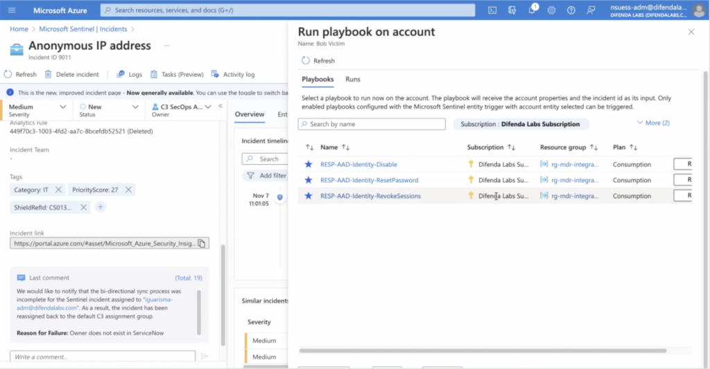 Difenda AIRO running within Sentinel: Depending on the incident, automated response measures can include revoking session access, disabling the affected account, or resetting the password in the IT environment, to stop a threat actor from compromising OT.